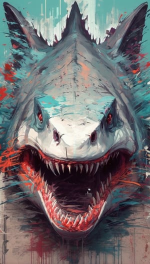 shark on the forest, urban painting, graffiti, glitch style, monster anatomy, open mouth, animal aura, danger aura, wisdom aura, zoom out, informatic error, visual error, 3D error, danger signal
,monster