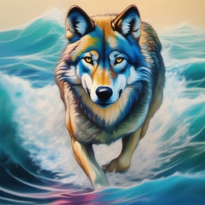 geomtrica art, semi realist icon, circle icon, wolf, stalking wolf, wolf walking on the cea, colorfull, degrade from bright colors to pastel colors, walking in the sea, lurking in the sea, sea as if it were land, standing in the sea, fish splashing in the sea