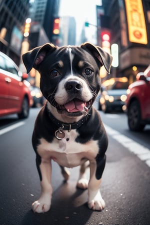 cute angry pit bull on a New York street, cinematic, epic frame, fisheye, 3d effect, blur, busy city, scared people, blurred background, skyscraper, pop culture, puppy, barking puppy, angry puppy, muscled puppy, at night, epic, zoom out