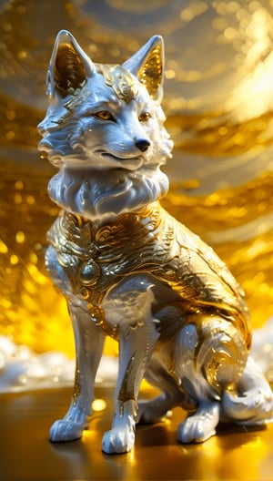 full body, ultra detailed porcelain japanice fox, soft texture, bichromatic, mithic creature, shiny texture, polished texture, small cracks, solemn, beast, robust, lurking, impulsive sun-shaped coat, layered hair, thick layers, gradient touches, white and gold, temple background
,Renaissance Sci-Fi Fantasy