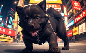 cute angry golden retriever on a old tokio, cinematic, epic frame, fisheye, 3d effect, blur, busy city, scared people, blurred background, skyscraper, pop culture, puppy, barking puppy, angry puppy, muscled puppy, at night, epic, zoom out, fish eye