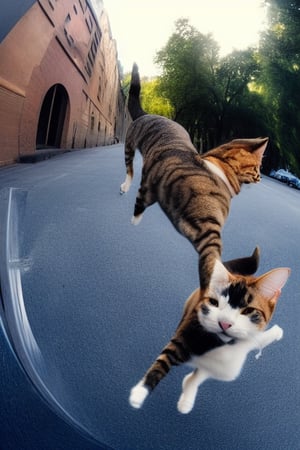 fight between a dog and a cat on a New York street, cinematic, most epic frame, fisheye, 3d effect, blur