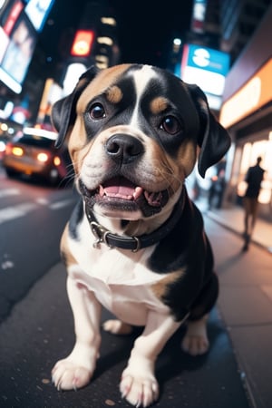 cute angry pit bull on a New York street, cinematic, epic frame, fisheye, 3d effect, blur, busy city, scared people, blurred background, skyscraper, pop culture, puppy, barking puppy, angry puppy, muscled puppy, at night, epic, zoom out