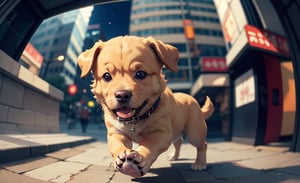 cute angry golden retriever on a old tokio, cinematic, epic frame, fisheye, 3d effect, blur, busy city, scared people, blurred background, skyscraper, pop culture, puppy, barking puppy, angry puppy, muscled puppy, at night, epic, zoom out, fish eye