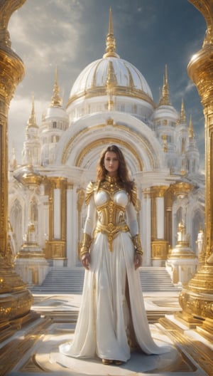 full body, photo to a fit woman, white and gold, temple background
,Renaissance Sci-Fi Fantasy