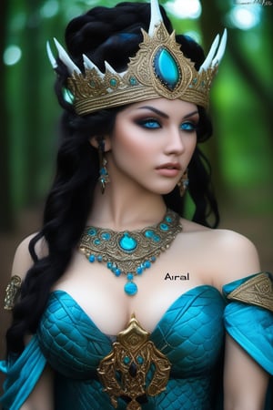 lamia, drakaina, beautiful, obsidian scales, crown of snakes, hair of snakes, deep cyan eyes, surly look, perfect skin, porcelain skin, proud, in a forest, half snake, half woman, European features, thin waist , toned body, muscular body, sculpted body, attractive body,photo r3al