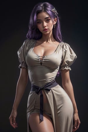 (1girl), ((muscle)) (sleeve tunic), (tunic with vertical cut and bow), ((sexy tunic)), ((large Breasts)), ((slim, skinny waist:1.2)), ((wide hips:1.6)), (grey backdrop), ((dark tan skin:1.5)), (long hair),((purple hair)), (((medieval era))), ((tow part dress)), (sexy dress) dutch angle, low camera angle, masterpiece, best quality, realistic, ultra highres, depth of field, (detailed face:1.2), (detailed eyes:1.2), (masterpiece:1.2), (ultra-detailed), (best quality), intricate, comprehensive cinematic, photography, (gradients), colorful, visual key, backlit