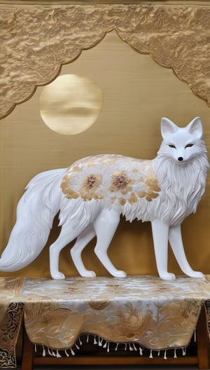 full body, ultra detailed porcelain japanice fox, soft texture, bichromatic, mithic creature, shiny texture, polished texture, small cracks, solemn, beast, robust, lurking, impulsive sun-shaped coat, layered hair, thick layers, gradient touches, white and gold, temple background, on a ceremonial tablecloth, embroidered tablecloth, minimalist tablecloth, velvet tablecloth, ironed tablecloth, plain tablecloth, porozo tablecloth, shiny tablecloth
