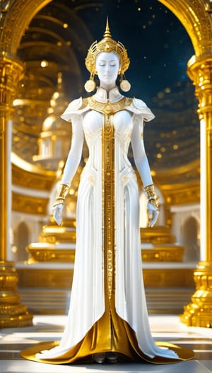 full body, photo to a fit woman, white and gold, temple background
,Renaissance Sci-Fi Fantasy