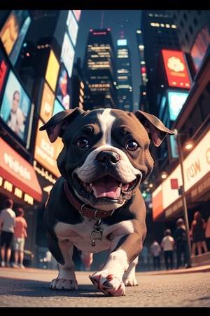 cute angry pit bull on a New York street, cinematic, epic frame, fisheye, 3d effect, blur, busy city, scared people, blurred background, skyscraper, pop culture, puppy, barking puppy, angry puppy, muscled puppy, at night, epic, zoom out