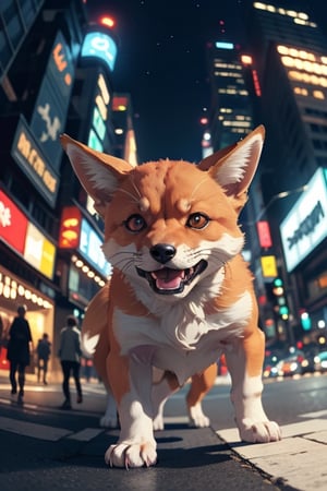 cute angry fox on a old  tokio, cinematic, epic frame, fisheye, 3d effect, blur, busy city, scared people, blurred background, skyscraper, pop culture, puppy, barking puppy, angry puppy, muscled puppy, at night, epic, zoom out, fish eye