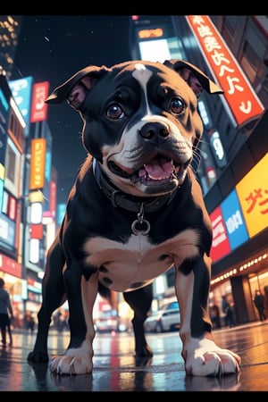 cute angry pit bull on a New tokio, cinematic, epic frame, fisheye, 3d effect, blur, busy city, scared people, blurred background, skyscraper, pop culture, puppy, barking puppy, angry puppy, muscled puppy, at night, epic, zoom out