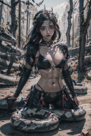 lamia, drakaina, beautiful, obsidian scales, crown of snakes, hair of snakes, deep cyan eyes, surly look, perfect skin, porcelain skin, proud, in a forest, half snake, half woman, European features, thin waist , toned body, muscular body, sculpted body, attractive body,photo realistic, full body. long tail, snake tail, obcidian tail,High detailed ,COILS,Snake,AGGA_ST013, high contrast