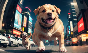 cute angry golden retriever on a old tokio, cinematic, epic frame, fisheye, 3d effect, blur, busy city, scared people, blurred background, skyscraper, pop culture, puppy, barking puppy, angry puppy, muscled puppy, at night, epic, zoom out, fish eye