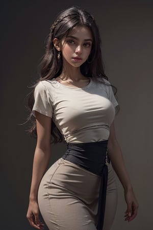 (1girl), (white crop-top t-shirt), ((large Breasts)), ((slim, skinny waist:1.2)), ((wide hips:1.6)), (grey backdrop), ((dark tan skin:1.5)), (long hair),((puple hair)), (((medieval era))), ((tow part dress)), (sexy dress) dutch angle, low camera angle, masterpiece, best quality, realistic, ultra highres, depth of field, (detailed face:1.2), (detailed eyes:1.2), (masterpiece:1.2), (ultra-detailed), (best quality), intricate, comprehensive cinematic, photography, (gradients), colorful, visual key, backlit