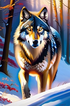 style impressionist painting of a wolf, careless stroke, stroke with abundant paint, broad brush, dry, winter colors, aura of knowledge, long stroke, simulation of hair, oil painting