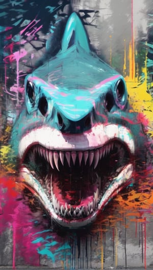 shark on the forest, urban painting, graffiti, glitch style, monster anatomy, open mouth, animal aura, danger aura, wisdom aura, zoom out, informatic error, visual error, 3D error, danger signal
