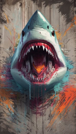 shark on the forest, urban painting, graffiti, glitch style, monster anatomy, open mouth, animal aura, danger aura, wisdom aura, zoom out, informatic error, visual error, 3D error, danger signal
