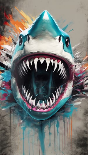 shark on the forest, urban painting, graffiti, glitch style, monster anatomy, open mouth, animal aura, danger aura, wisdom aura, zoom out, informatic error, visual error, 3D error, danger signal
