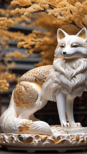 full body, ultra detailed porcelain japanice fox, soft texture, bichromatic, mithic creature, shiny texture, polished texture, small cracks, solemn, beast, robust, lurking, impulsive sun-shaped coat, layered hair, thick layers, gradient touches, white and gold, temple background
