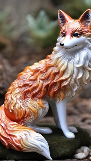 full body, ultra detailed porcelain japanice fox, soft texture, bichromatic, mithic creature, shiny texture, polished texture, small cracks, solemn, beast, robust, lurking, impulsive sun-shaped coat, layered hair, thick layers, gradient touches