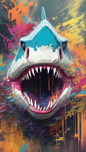 shark on the forest, urban painting, graffiti, glitch style, monster anatomy, open mouth, animal aura, danger aura, wisdom aura, zoom out, informatic error, visual error, 3D error, danger signal
