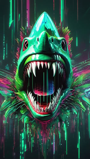 shark on the forest, urban painting, graffiti, glitch style, monster anatomy, open mouth, animal aura, danger aura, wisdom aura, zoom out, informatic error, visual error, 3D error, danger signal
,monster,DonMCyb3rSp4c3XL