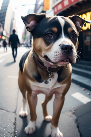 cute angry pit bull on a New York street, cinematic, epic frame, fisheye, 3d effect, blur, busy city, scared people, blurred background, skyscraper, pop culture, puppy, barking puppy, angry puppy, muscled puppy