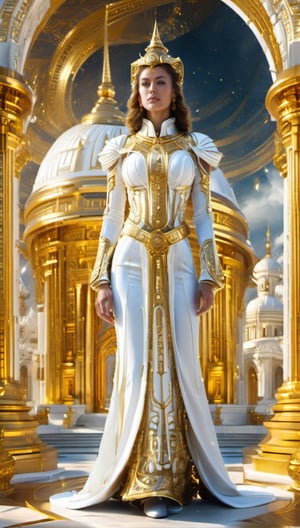 full body, photo to a fit woman, white and gold, temple background
,Renaissance Sci-Fi Fantasy