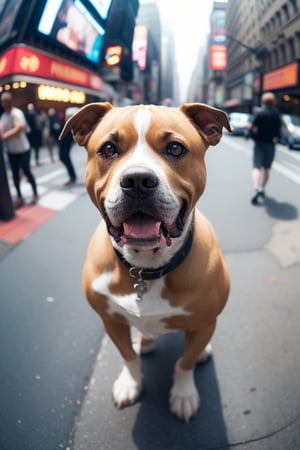 cute angry pit bull on a New York street, cinematic, epic frame, fisheye, 3d effect, blur, busy city, scared people, blurred background, skyscraper, pop culture