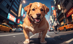 cute angry golden retriever on a old tokio, cinematic, epic frame, fisheye, 3d effect, blur, busy city, scared people, blurred background, skyscraper, pop culture, puppy, barking puppy, angry puppy, muscled puppy, at night, epic, zoom out, fish eye