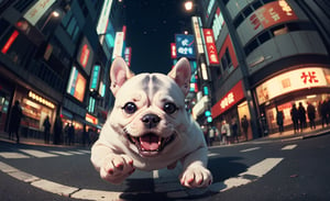 cute angry snake spirit from japanese folklore on a old tokio, cinematic, epic frame, fisheye, 3d effect, blur, busy city, scared people, blurred background, skyscraper, pop culture, puppy, barking puppy, angry puppy, muscled puppy, at night, epic, zoom out, fish eye