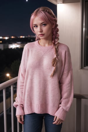  girl, (wearing oversized cotton sweater), standing in balcony,(((nighttime ))), ((braided_hair, pink_hair)), from_front