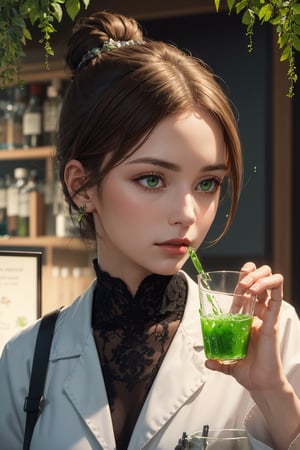 portrait of a female apothecary with brown hair in a loose bun, wearing a lab coat, holding glass vials with green liquid, illustration, digital painting, masterpiece, best quality, high resolution, official art, absurdres BREAK green plants, vines, moss, intricate detail, highly detailed, beautiful, vivid, fantastical, illustration, colorful, masterpiece, highres, absurdres, high quality