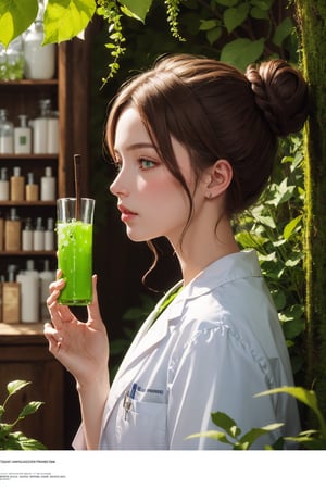 portrait of a female apothecary with brown hair in a loose bun, wearing a lab coat, holding glass vials with green liquid, illustration, digital painting, masterpiece, best quality, high resolution, official art, absurdres BREAK green plants, vines, moss, intricate detail, highly detailed, beautiful, vivid, fantastical, illustration, colorful, masterpiece, highres, absurdres, high quality