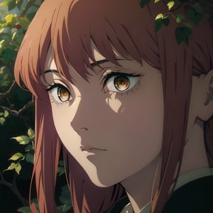 closeup portrait of makimacsm, yellow eyes, red hair, looking at viewer, dramatic lighting, golden hour, csm anime style, grimdark, anime, manga style, digital painting, pixiv, artstation, semirealistic, intricate details, hires, masterpiece, best quality, absurdres, BREAK green plants in background, leaves, vines, 