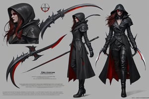 illustration of a female hunter, wearing a trenchcoat, leather gloves, long hair, glowing red eyes, leather boots, wide brim hat, wielding a scythe, (greg rutkowski, goth, emo, scene fashion, van helsing, vampire hunter, bloodborne, dark souls, supernatural horror, gothic horror, grimdark, dark fantasy:1.2), concept art, character model sheet, character design, (multiple views, full body, upper body, reference sheet:1),  masterpiece, highest quality, absurdres, insaneres, very_high_resolution, greg rutkowski,greg rutkowski