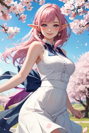 elf girl, pink hair, blue eyes, white dress, lacey dress, flowing skirt sleeveless top, top_breast, medium_breasts, smiling, blushing, cowboy_shot, looking at viewer, highly detailed, masterpiece, high_res, greg rutkowski, detailed, BREAK complex_background, cherry_blossoms, flower_petals, windy, springtime, 