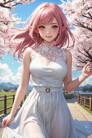 elf girl, pink hair, blue eyes, white dress, lacey dress, flowing skirt sleeveless top, top_breast, medium_breasts, smiling, blushing, cowboy_shot, looking at viewer, highly detailed, masterpiece, high_res, greg rutkowski, detailed, BREAK complex_background, cherry_blossoms, flower_petals, windy, springtime, 