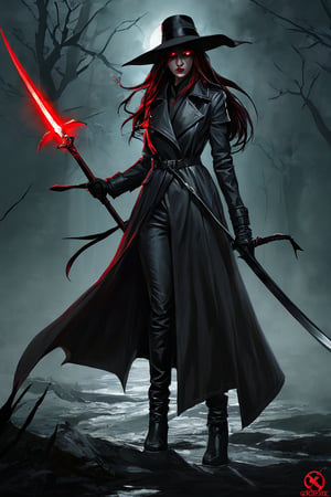 illustration of a female hunter, wearing a trenchcoat, leather gloves, long hair, glowing red eyes,  leather boots, wide brim hat, wielding a scythe, (greg rutkowski, goth, emo, scene fashion, van helsing, vampire hunter, bloodborne, dark souls, gothic horror, grimdark, dark fantasy:1.2), dark atmosphere, dramatic lighting, low key lighting, harsh lighting, dark, strong shadows, key visual, cover art, concept art, masterpiece, highest quality, absurdres, insaneres, very_high_resolution, greg rutkowski