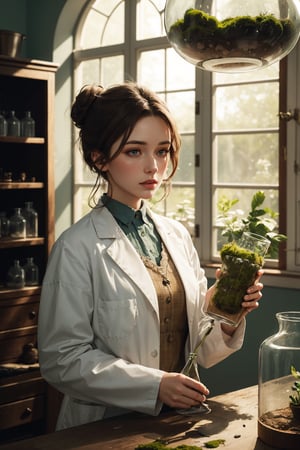 portrait of a female apothecary with brown hair in a messy bun, wearing a lab coat, holding a terrarium, illustration, digital painting, masterpiece, best quality, high resolution, official art, absurdres BREAK green plants, vines, moss, intricate detail, highly detailed, beautiful, vivid, fantastical, illustration, colorful, masterpiece, highres, absurdres, high quality