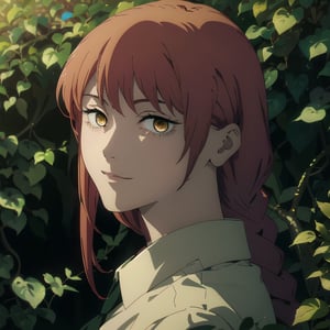 medium closeup portrait of makimacsm, yellow eyes, red hair, mysterious smile, looking at viewer, facing viewer, anime key visual, dramatic lighting, golden hour, csm anime style, grimdark, anime, manga style, digital painting, pixiv, artstation, semirealistic, intricate details, hires, masterpiece, best quality, absurdres, BREAK green plants in background, leaves, vines, 