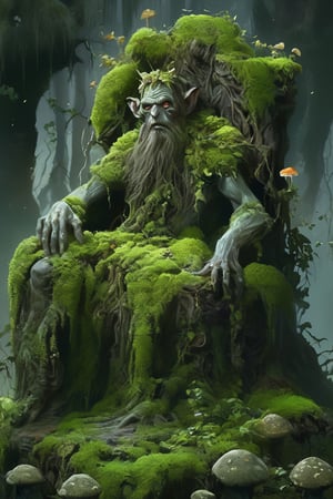 illustration of a zombie sitting on a stone throne, covered in creeping vines and roots, overgrown with moss and lichen, green plants, leaves, wild_mushroom, fungi, rotting, decaying, grimdark, dark fantasy, masterpiece, high_res