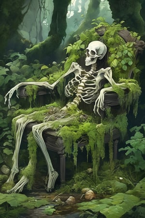 illustration of a decaying corpse sitting in a chair, covered in vines and roots, overgrown with moss and lichen, green plants, leaves, wild_mushroom, fungi