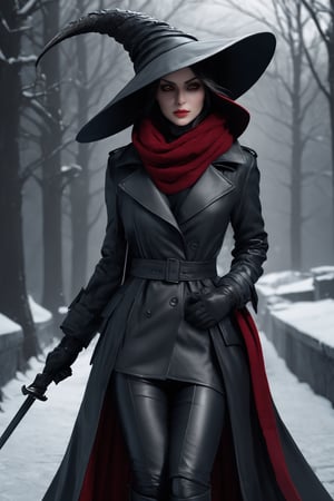 3d_art, 3d render of a female hunter, wearing a trenchcoat, leather gloves, long hair, scarf ocovering her mouth and nose, glowing red eyes,  leather boots, wide brim hat, (wielding a scythe, bloodborne, dark souls, gothic horror, grimdark, dark fantasy:1.2), dramatic lighting, low key lighting, dark, strong shadows, AAA game, unreal engine, octane render, artstation, cgi, 3d style, 3d style,xxmix_girl