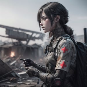 female medic standing in a war-torn battlefield, illustration, digital painting, intricate detail, highly detailed, beautiful, vivid, masterpiece, highres, absurdres, high quality, High detailed ,BiopunkAI, 