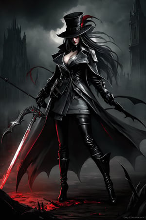 illustration of a female hunter, wearing a trenchcoat, leather gloves, long hair, glowing red eyes,  leather boots, wide brim hat, wielding a scythe, (greg rutkowski, goth, emo, scene fashion, van helsing, vampire hunter, bloodborne, dark souls, gothic horror, grimdark, dark fantasy:1.2), dark atmosphere, dramatic lighting, low key lighting, dark, strong shadows, key visual, cover art, concept art, masterpiece, highest quality, absurdres, insaneres, very_high_resolution,greg rutkowski