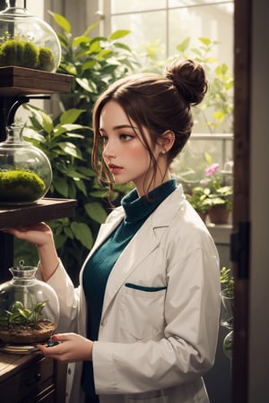 portrait of a female apothecary with brown hair in a messy bun, wearing a lab coat, holding a terrarium, illustration, digital painting, masterpiece, best quality, high resolution, official art, absurdres BREAK green plants, vines, moss, intricate detail, highly detailed, beautiful, vivid, fantastical, illustration, colorful, masterpiece, highres, absurdres, high quality