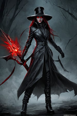 illustration of a female hunter, wearing a trenchcoat, leather gloves, long hair, glowing red eyes,  leather boots, wide brim hat, wielding a scythe, (greg rutkowski, goth, emo, scene fashion, van helsing, vampire hunter, bloodborne, dark souls, gothic horror, grimdark, dark fantasy:1.2), dark atmosphere, dramatic lighting, low key lighting, harsh lighting, dark, strong shadows, key visual, cover art, concept art, masterpiece, highest quality, absurdres, insaneres, very_high_resolution, greg rutkowski