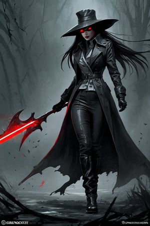 illustration of a female hunter, wearing a trenchcoat, leather gloves, long hair, glowing red eyes,  leather boots, wide brim hat, wielding a scythe, (greg rutkowski, goth, emo, scene fashion, van helsing, vampire hunter, bloodborne, dark souls, gothic horror, grimdark, dark fantasy:1.2), dark atmosphere, dramatic lighting, low key lighting, harsh lighting, dark, strong shadows, key visual, cover art, concept art, masterpiece, highest quality, absurdres, insaneres, very_high_resolution, greg rutkowski